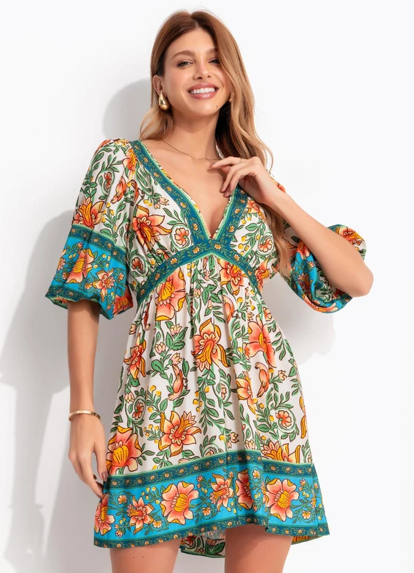 Farm - Vestido Curto Jardim Boho Bege