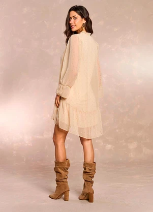 Doce Trama - Vestido Curto Jardim Boho em Chiffon Bege - DOCE TRAMA