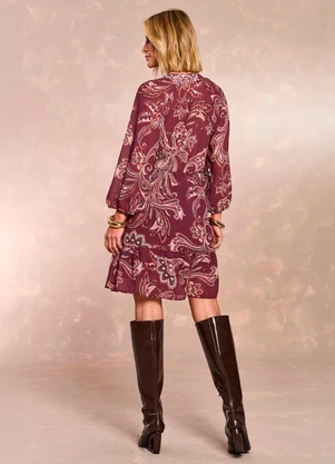 Doce Trama - Vestido Curto Jardim Boho Mangas 3/4 Estampado - DOCE TRAMA