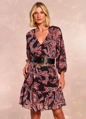 Doce Trama - Vestido Curto Jardim Boho Mangas 3/4 Estampado - DOCE TRAMA