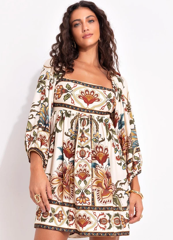 Farm - Vestido Curto Jardim Majestoso Bege