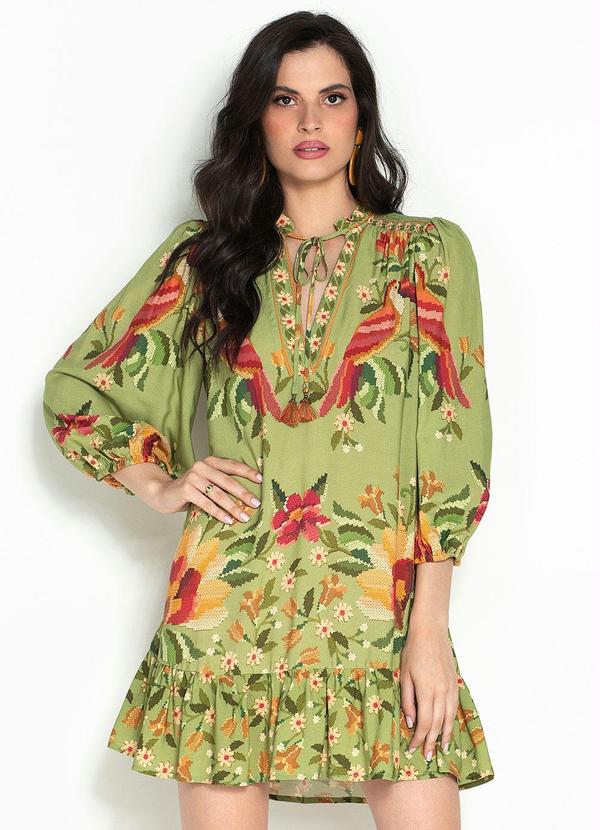 Farm - Vestido Curto Jardim Ponto Cruz Viscose Verde