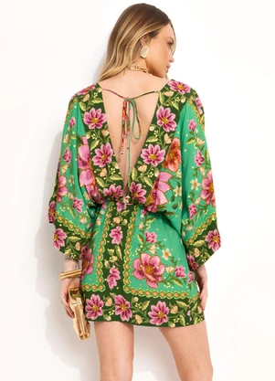 Farm - Vestido Curto Kimono em Viscose Verde - FARM