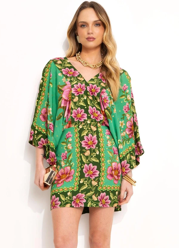 Farm - Vestido Curto Kimono em Viscose Verde
