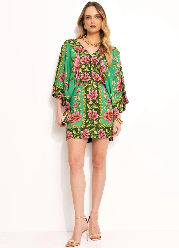 Farm - Vestido Curto Kimono em Viscose Verde 3
