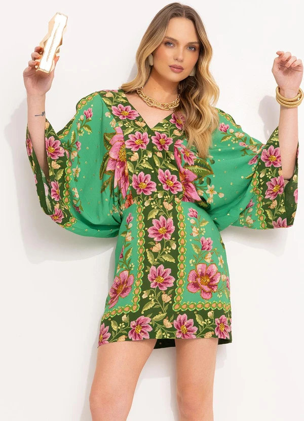 Farm - Vestido Curto Kimono em Viscose Verde 6