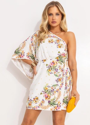 Farm - Vestido Curto Lenço Pássaro em Flor Off White - FARM