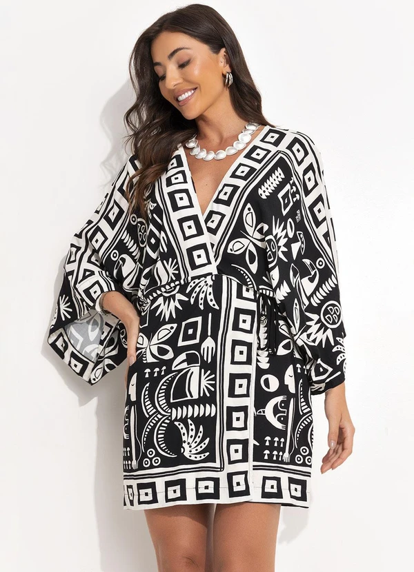 Farm - Vestido Curto Lenço Tropicano Preto