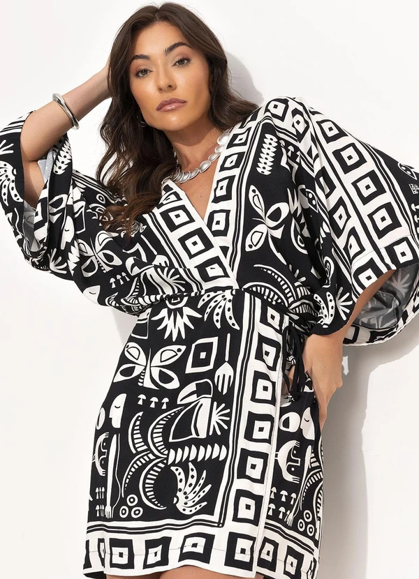 Farm - Vestido Curto Lenço Tropicano Preto 8