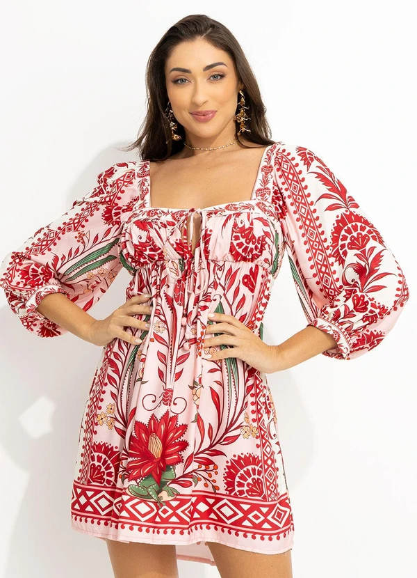 vestido curto vestido vermelho com flores Farm Vestido Curto Leveza Romantica Vermelho