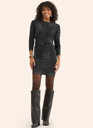 Rovitex - Vestido Curto Manga 7/8 Estampado Preto - ROVITEX