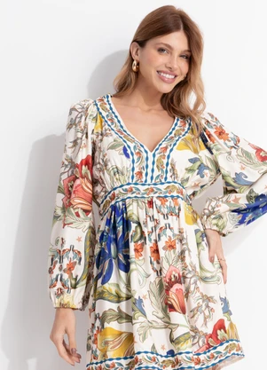 Farm - Vestido Curto Manga Floral Maite Bege - FARM