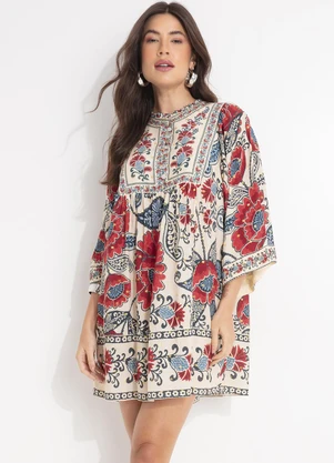 Farm - Vestido Curto Manga Francisca Bege - FARM