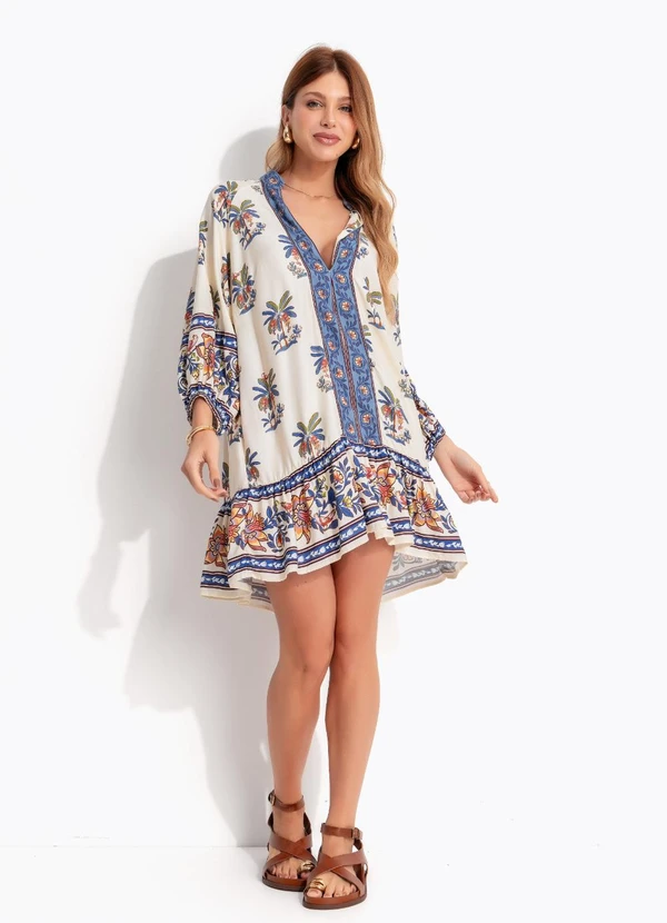 Farm - Vestido Curto Manga Luna Bege