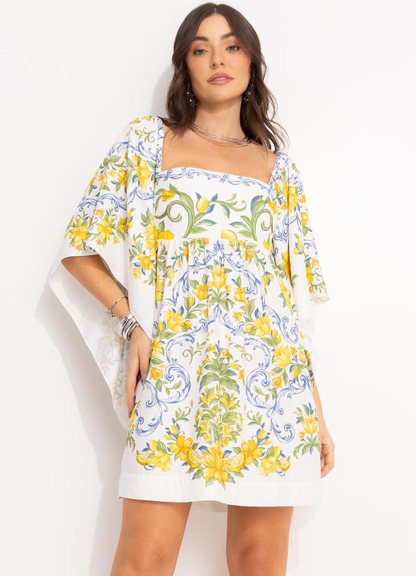 Farm - Vestido Curto Manga Sicilia Lenço Off White