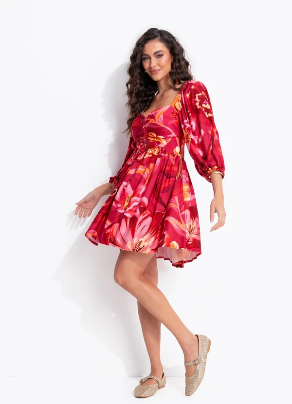 Farm - Vestido Curto Manga Sonho de Flor Rosa