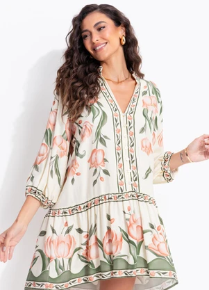Farm - Vestido Curto Manga Sonho de Tulipas Bege - FARM