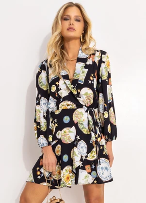 Farm - Vestido Curto Manga Souvenir Preto - FARM