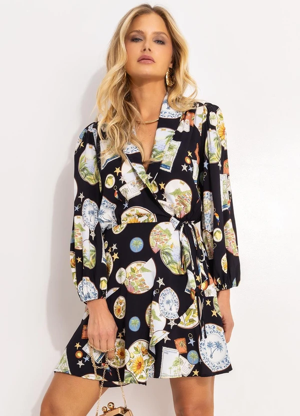 Farm - Vestido Curto Manga Souvenir Preto