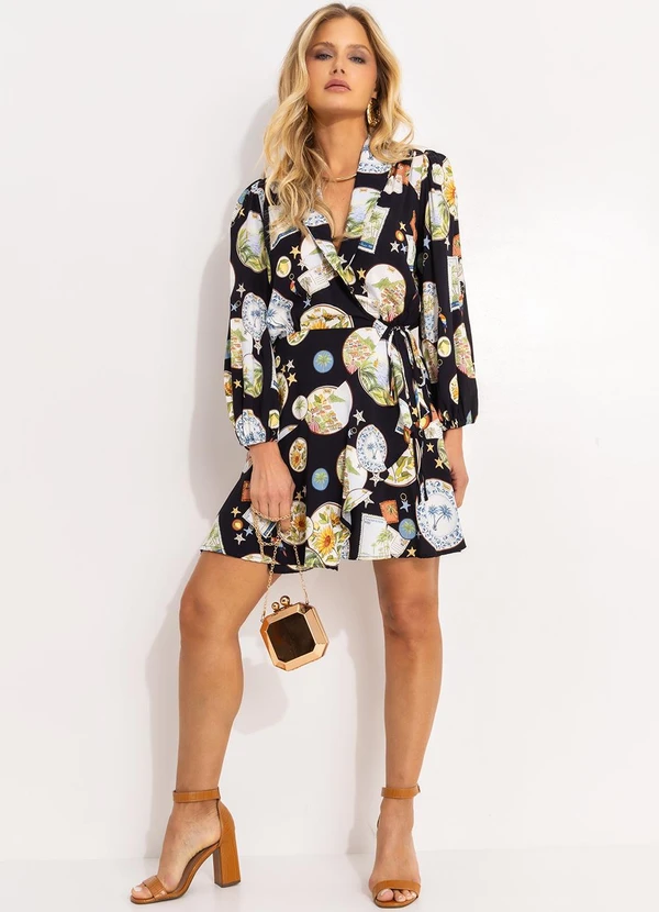 Farm - Vestido Curto Manga Souvenir Preto 3