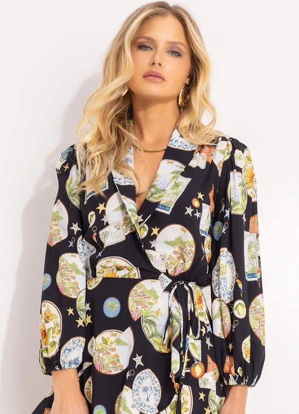 Farm - Vestido Curto Manga Souvenir Preto 7