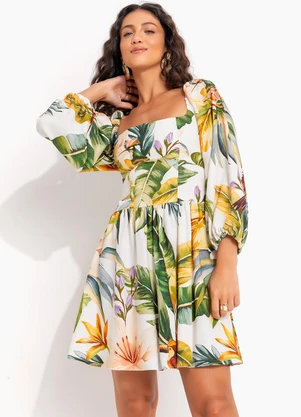 Farm - Vestido Curto Manga Tropicalia Off White - FARM