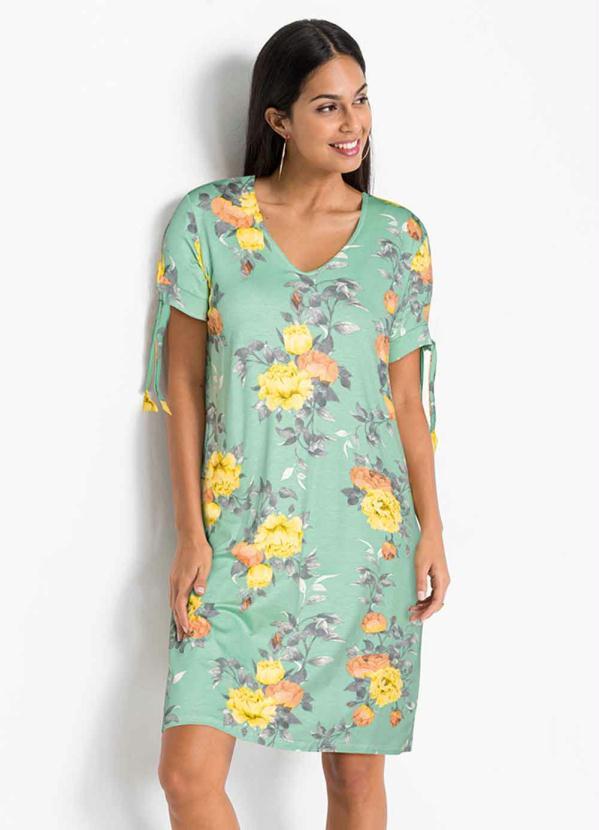 Outlet - Vestido Curto Mangas com Amarração Floral Verde 2