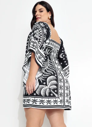 Farm - Vestido Curto Mg Kimono Coqueiral Preto - FARM