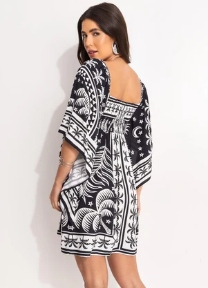 Farm - Vestido Curto Mg Kimono Coqueiral Preto - FARM