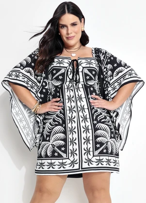 Farm - Vestido Curto Mg Kimono Coqueiral Preto - FARM