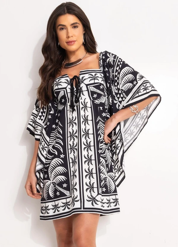 Farm - Vestido Curto Mg Kimono Coqueiral Preto