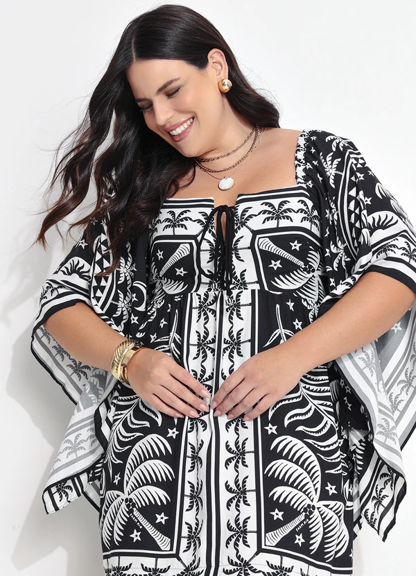 Farm - Vestido Curto Mg Kimono Coqueiral Preto 15