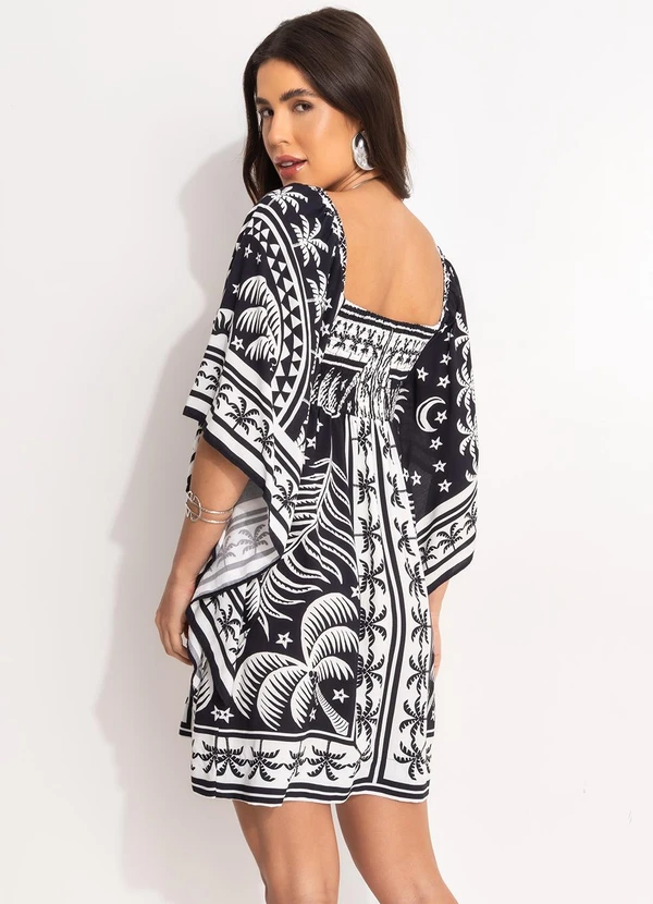 Farm - Vestido Curto Mg Kimono Coqueiral Preto 2