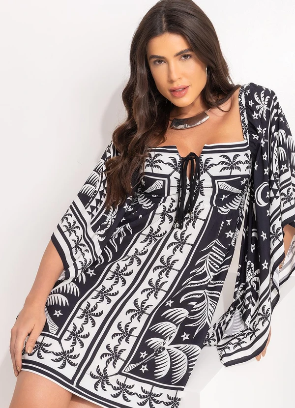 Farm - Vestido Curto Mg Kimono Coqueiral Preto 9