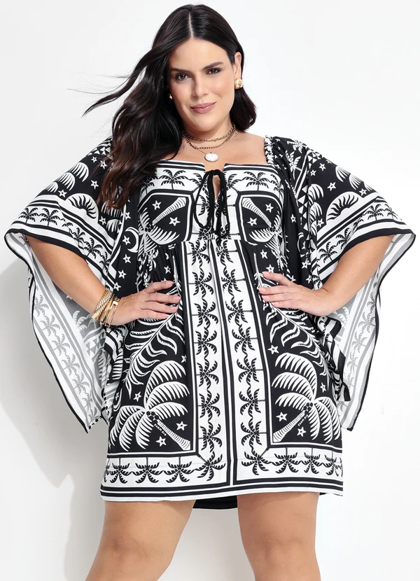 Farm - Vestido Curto Mg Kimono Coqueiral Preto 10