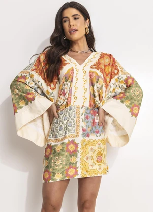 Farm - Vestido Curto Mg Lenço Amalfi Bege - FARM