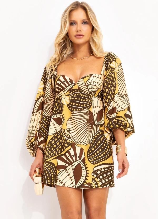 Farm - Vestido Curto Mistura de Caju Amarelo