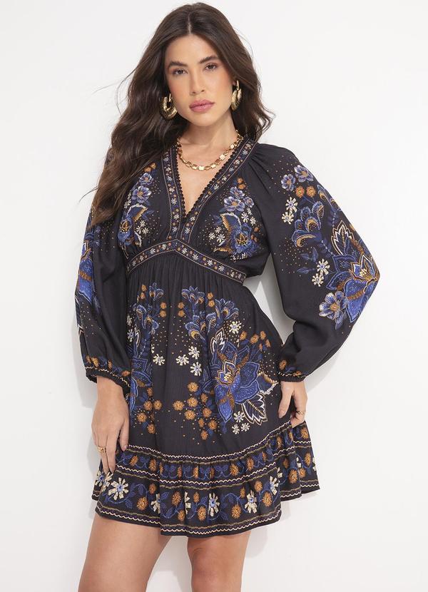 Farm - Vestido Curto Noite Florida Preto