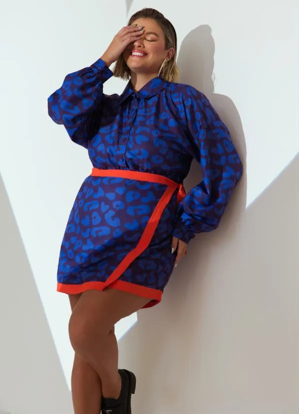 Quintess - Vestido Curto Onça Marinho em Crepe Plano