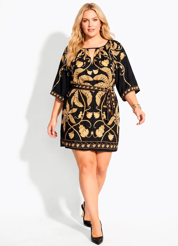 Farm - Vestido Curto Ourinho Tropical Preto