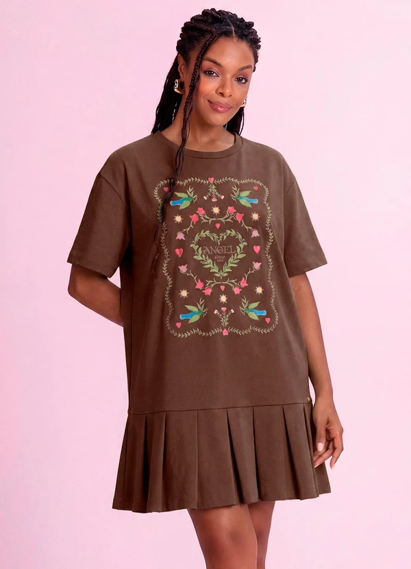 Angel - Vestido Curto Pássaros em Piquet Marrom