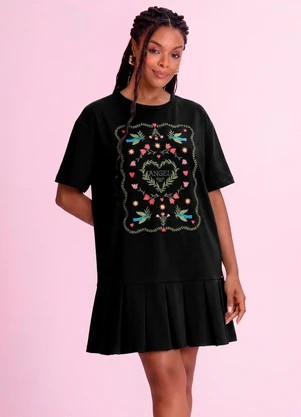 Angel - Vestido Curto Pássaros em Piquet Preto - ANGEL