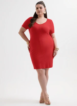 Cativa Plus Size - Vestido Curto Plus Size com Decote V Canelado Ver - CATIVA PLUS SIZE