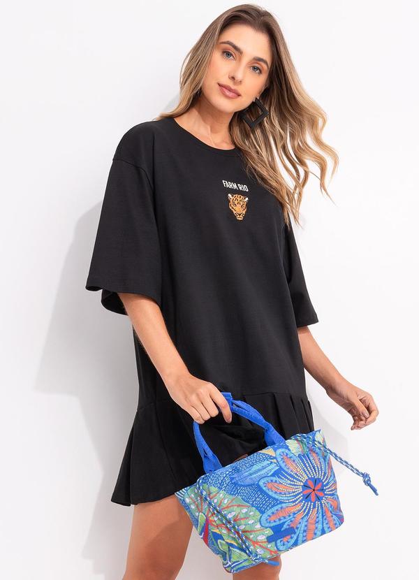 Farm - Vestido Curto Pregas Bordado Preto