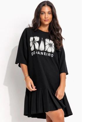 Farm - Vestido Curto Pregas Rio Flor Preto - FARM