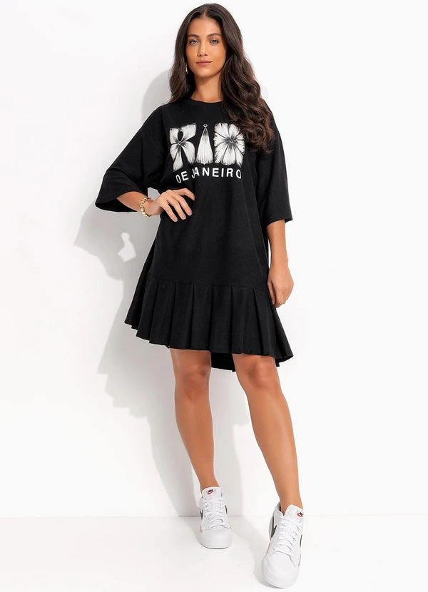 Farm - Vestido Curto Pregas Rio Flor Preto 3