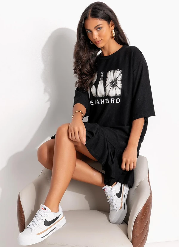 Farm - Vestido Curto Pregas Rio Flor Preto 5