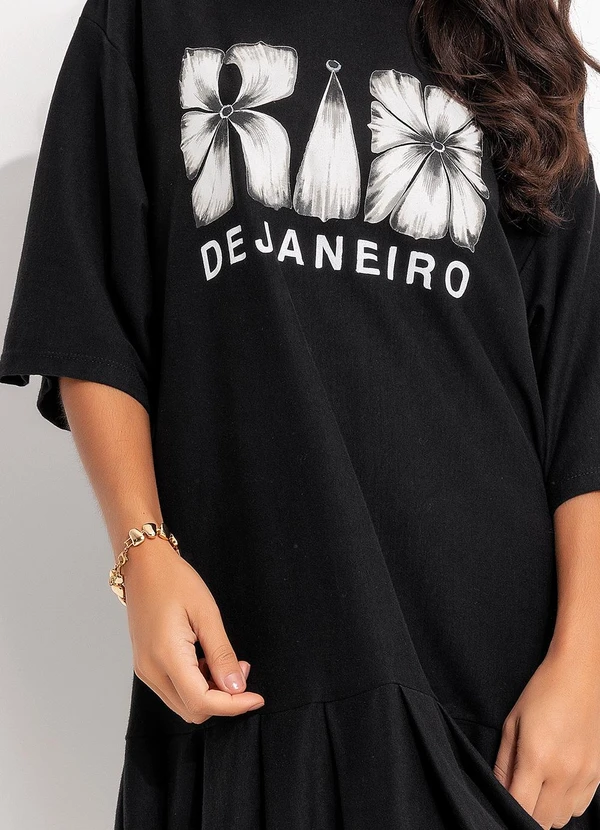 Farm - Vestido Curto Pregas Rio Flor Preto 8