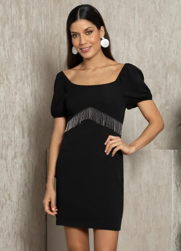 Quintess - Vestido Curto Preto com Franjas de Metal