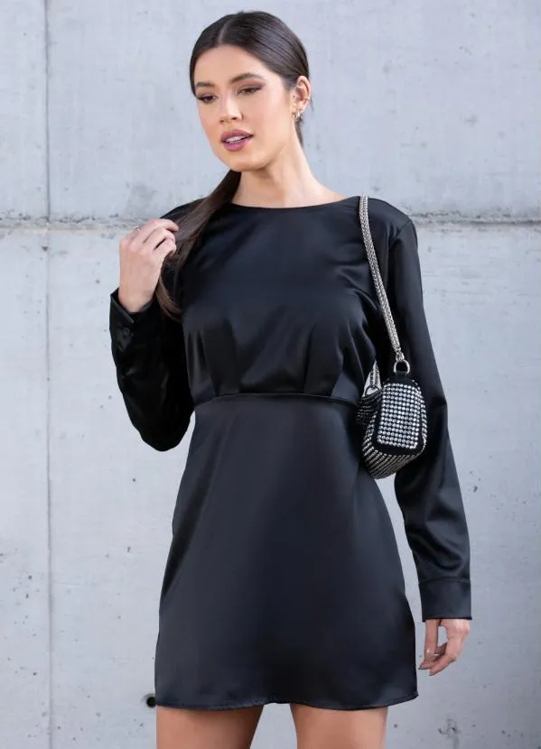 Quintess - Vestido Curto Preto em Tecido Plano Acetinado